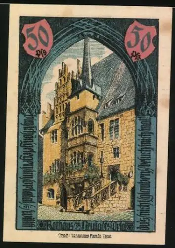 Notgeld Neustadt /Orla 1921, 50 Pfennig, Rathaus, Gerber und Tuchmacher, Wappen