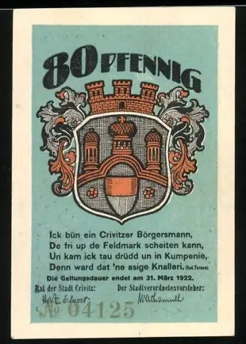 Notgeld Crivitz 1922, 80 Pfennig, Wappen, Bewaffnete Crivitzer Bürger