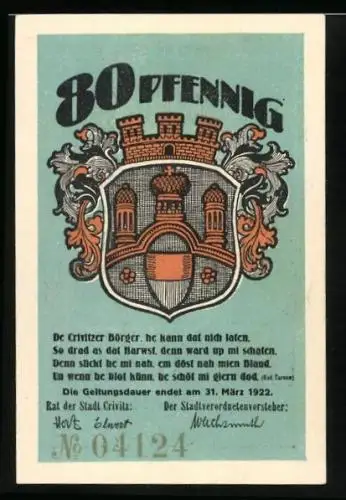 Notgeld Crivitz 1922, 80 Pfennig, Wappen, Hase und Vogel