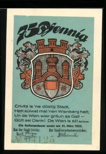 Notgeld Crivitz 1922, 75 Pfennig, Wappen, Weintrinker vor Stadtkulisse