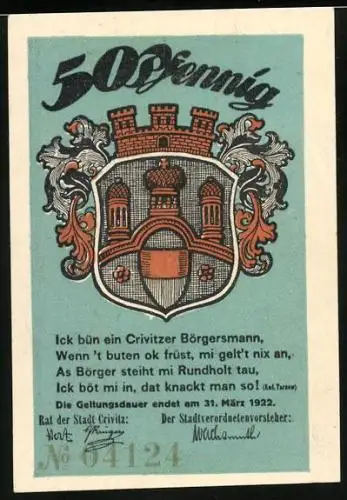 Notgeld Crivitz 1922, 50 Pfennig, Wappen, Bäcker auf seinem Ofen