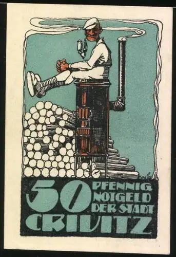 Notgeld Crivitz 1922, 50 Pfennig, Wappen, Bäcker auf seinem Ofen