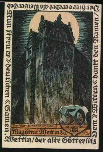 Notgeld Wettin, 50 Pfennig, Wappen, Gebäude bei Vollmond