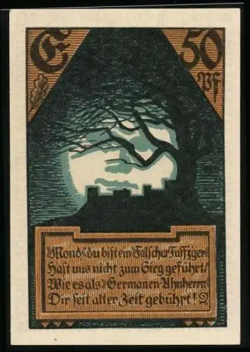 Notgeld Wettin, 50 Pfennig, Wappen, Gebäude bei Volllmond