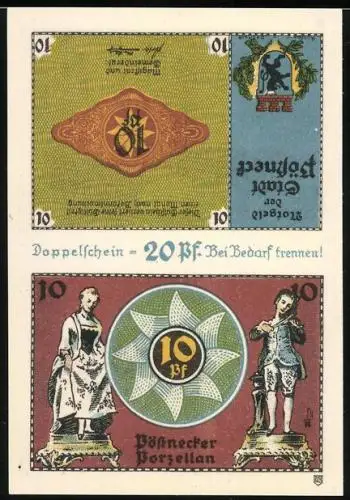 Notgeld Pössneck, 2 x 10 Pfennig, Dame und Geiger, Wappen, Wirtshaus