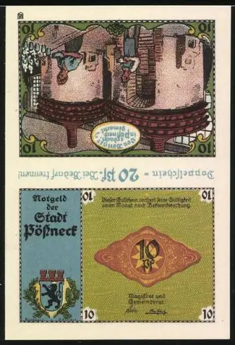 Notgeld Pössneck, 2 x 10 Pfennig, Dame und Geiger, Wappen, Wirtshaus