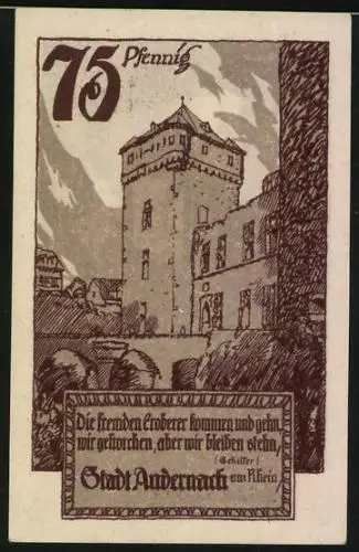 Notgeld Andernach 1920, 75 Pfennig, Burg, Wappen