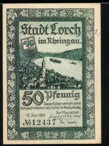 Notgeld Lorch /Rheingau 1921, 50 Pfennig, Stadtansicht, Bergsturz, Wappen