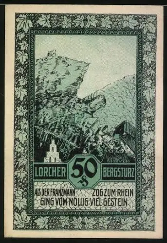 Notgeld Lorch /Rheingau 1921, 50 Pfennig, Stadtansicht, Bergsturz, Wappen