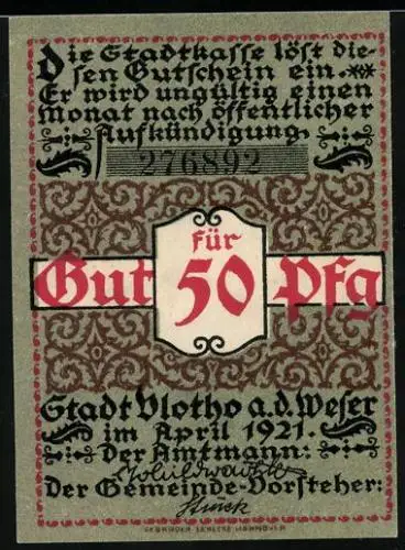Notgeld Vlotho /Weser 1921, 50 Pfennig, Bürger mit Zigarre, Wappen