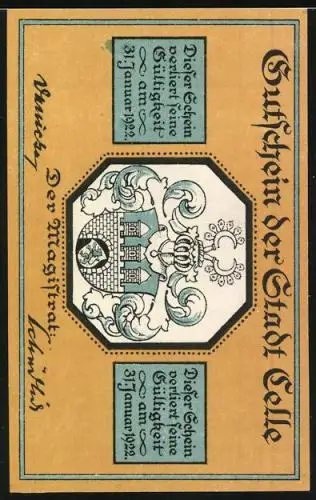 Notgeld Celle 1922, 100 Pfennig, Rathaus, Wappen