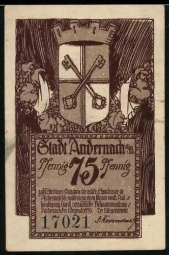 Notgeld Andernach 1920, 75 Pfennig, Turm, Wappen