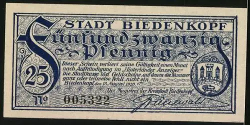 Notgeld Biedenkopf 1920, 25 Pfennig, Wappen