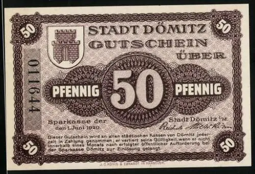Notgeld Dömitz i. M. 1920, 50 Pfennig, Bastion