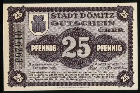 Notgeld Dömitz i. M. 1920, 25 Pfennig, Bastion