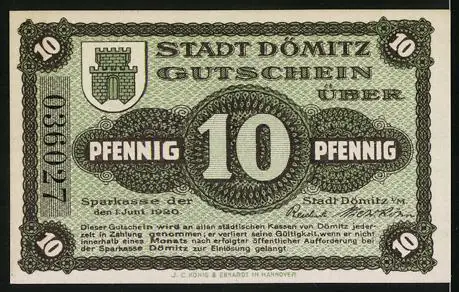 Notgeld Dömitz i. M. 1920, 10 Pfennig, Bastion