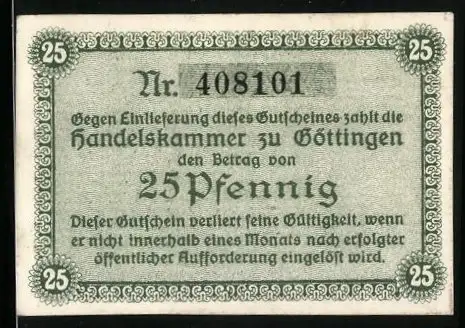 Notgeld Göttingen 1917, 25 Pfennig, Gutschein