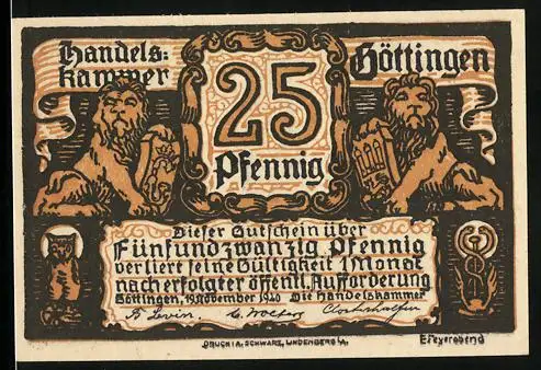 Notgeld Göttingen 1920, 25 Pfennig, Zwei Löwen mit Wappen