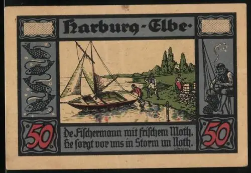 Notgeld Harburg /Elbe 1921, 50 Pfennig, Uferpartie mit Segelboot