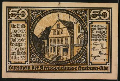 Notgeld Harburg /Elbe 1921, 50 Pfennig, Uferpartie mit Segelboot