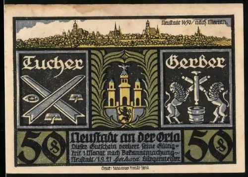 Notgeld Neustadt an der Orla 1921, 50 Pfennig, Wappen, Teilansicht mit Kirche