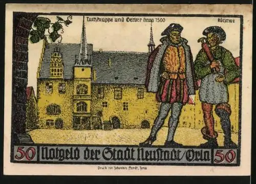 Notgeld Neustadt an der Orla 1921, 50 Pfennig, Wappen, Teilansicht mit Kirche