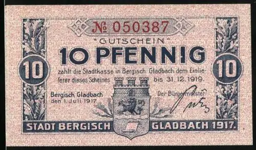 Notgeld Bergisch Gladbach 1917, 10 Pfennig, Stadtwappen