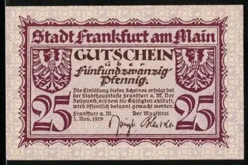 Notgeld Frankfurt am Main 1919, 25 Pfennig, Uferpartie mit Brücke