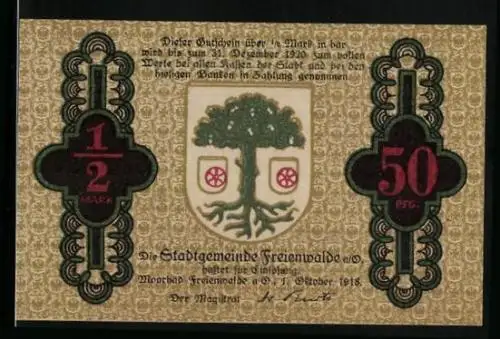 Notgeld Freienwalde a. O. 1918, 50 Pfennig, Stadtwappen