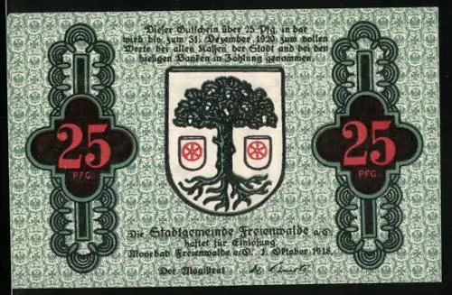Notgeld Freienwalde a. O. 1918, 25 Pfennig, Stadtwappen