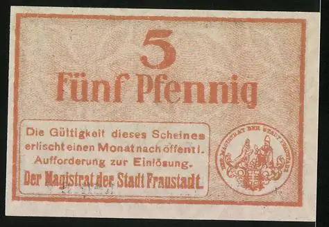 Notgeld Fraustadt, 5 Pfennig, Stadtwappen