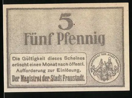 Notgeld Fraustadt, 5 Pfennig, Stadtwappen