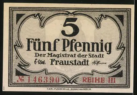 Notgeld Fraustadt, 5 Pfennig, Stadtwappen