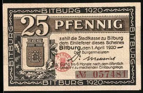 Notgeld Bitburg 1920, 25 Pfennig, Stadtwappen