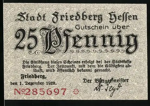 Notgeld Friedberg /Hessen 1920, 25 Pfennig, Brücke zum Burgtor mit Turm