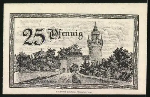 Notgeld Friedberg /Hessen 1920, 25 Pfennig, Brücke zum Burgtor mit Turm