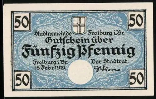 Notgeld Freiburg i. Br. 1919, 50 Pfennig, Stadtwappen