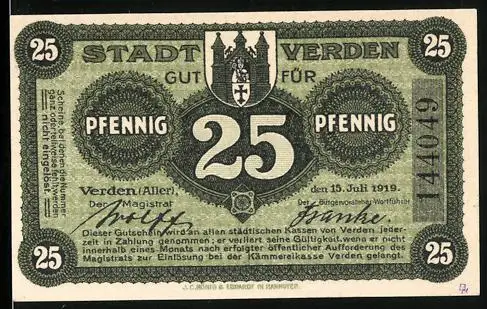 Notgeld Verden 1919, 25 Pfennig, Stadtwappen