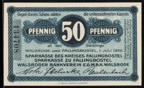 Notgeld Walsrode /Fallingbostel 1920, 50 Pfennig, Bauernhaus und Hirte mit Schafen