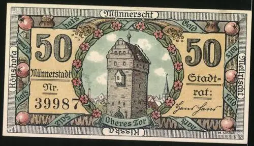 Notgeld Münnerstadt 1921, 50 Pfennig, Stadtwappen