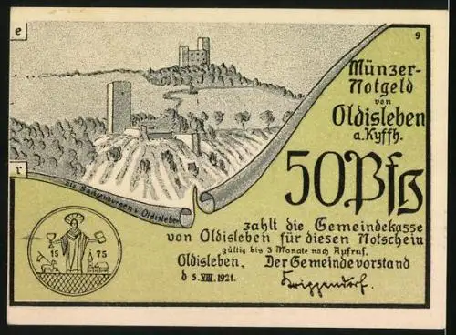 Notgeld Oldisleben a. Kyffh. 1921, 50 Pfennig, Th. Müncer leitet die Bauernschlacht