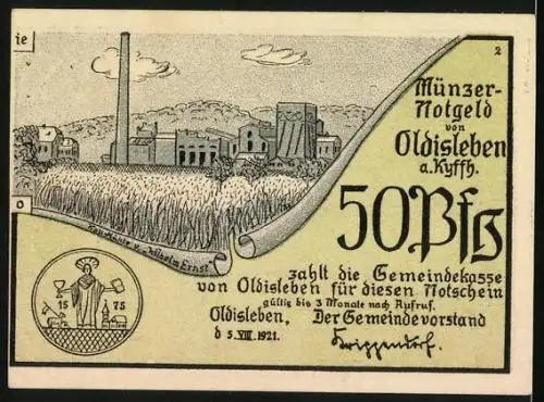 Notgeld Oldisleben a. Kyffh. 1921, 50 Pfennig, Oldisleb`ner Bauern schliessen sich Müncer an