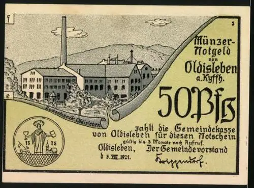 Notgeld Oldisleben a. Kyffh. 1921, 50 Pfennig, Th. Müncers Überführung nach Feste Heldrungen