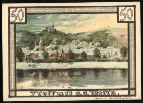 Notgeld Treffurt a. d. Werra 1921, 50 Pfennig, Uferpartie im Winter, Stadtwappen