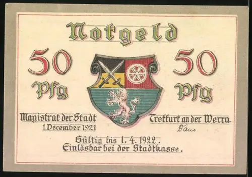 Notgeld Treffurt a. d. Werra 1921, 50 Pfennig, Uferpartie im Winter, Stadtwappen