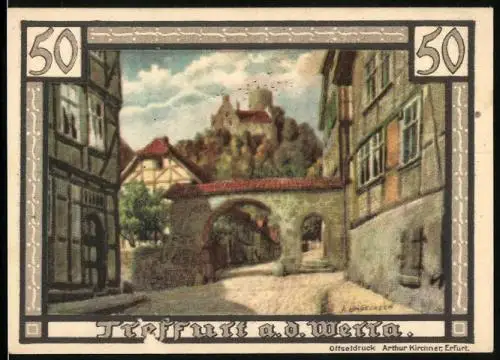 Notgeld Treffurt a. d. Werra 1921, 50 Pfennig, Strassenpartie am Tor, Stadtwappen