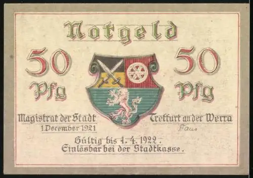 Notgeld Treffurt a. d. Werra 1921, 50 Pfennig, Strassenpartie am Tor, Stadtwappen