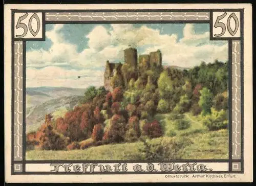 Notgeld Treffurt a. d. Werra 1921, 50 Pfennig, Panorama mit Burg, Stadtwappen
