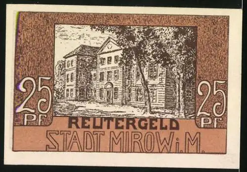 Notgeld Mirow i. M., 25 Pfennig, Strassenpartie mit Bäumen