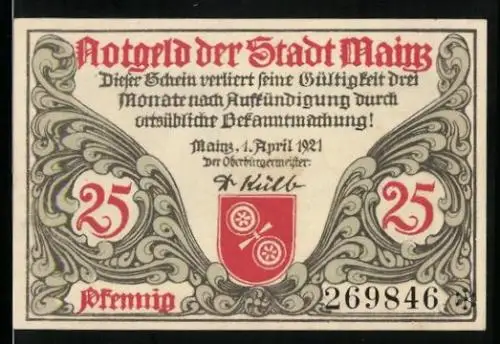 Notgeld Mainz 1921, 25 Pfennig, Stadtwappen